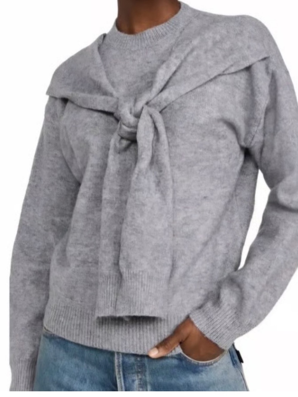 Cozy Crewneck Sweater with Front-Knot Detail - Gray